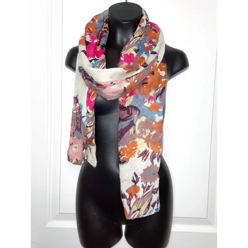 Colorful floral scarf featuring an ivory/cream background, vibrant floral print